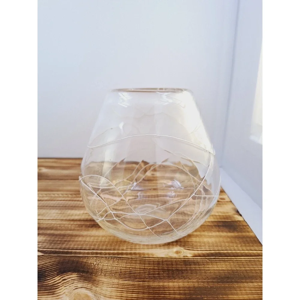 Set of 2 Lg‎ Hand Blown Glass White Spaghetti Drizzle Votive Candle Holder 6